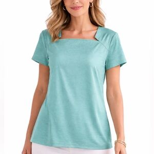 Lafayette 148 New York Mint Green Square Neck Soft Cotton Knit Tee Top XL Sz New